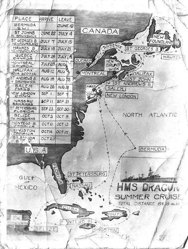 map and itinerary of HMS Dragon 1937