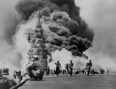 Bunker Hill burning after kamikaze hit - May 11, 1945