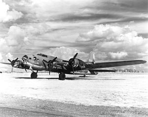 B-17E, Alabama Exterminator II on ground, clouds behind