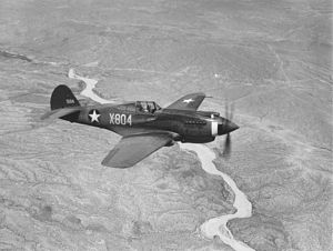 P-40 Warhawk flying over river