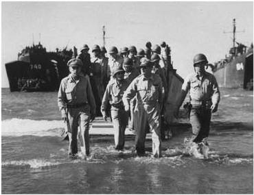 MacArthur wading ashore at Leyte, Philippines, Oct. 1944