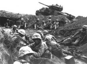 Marine Sherman tank on Iwo Jima